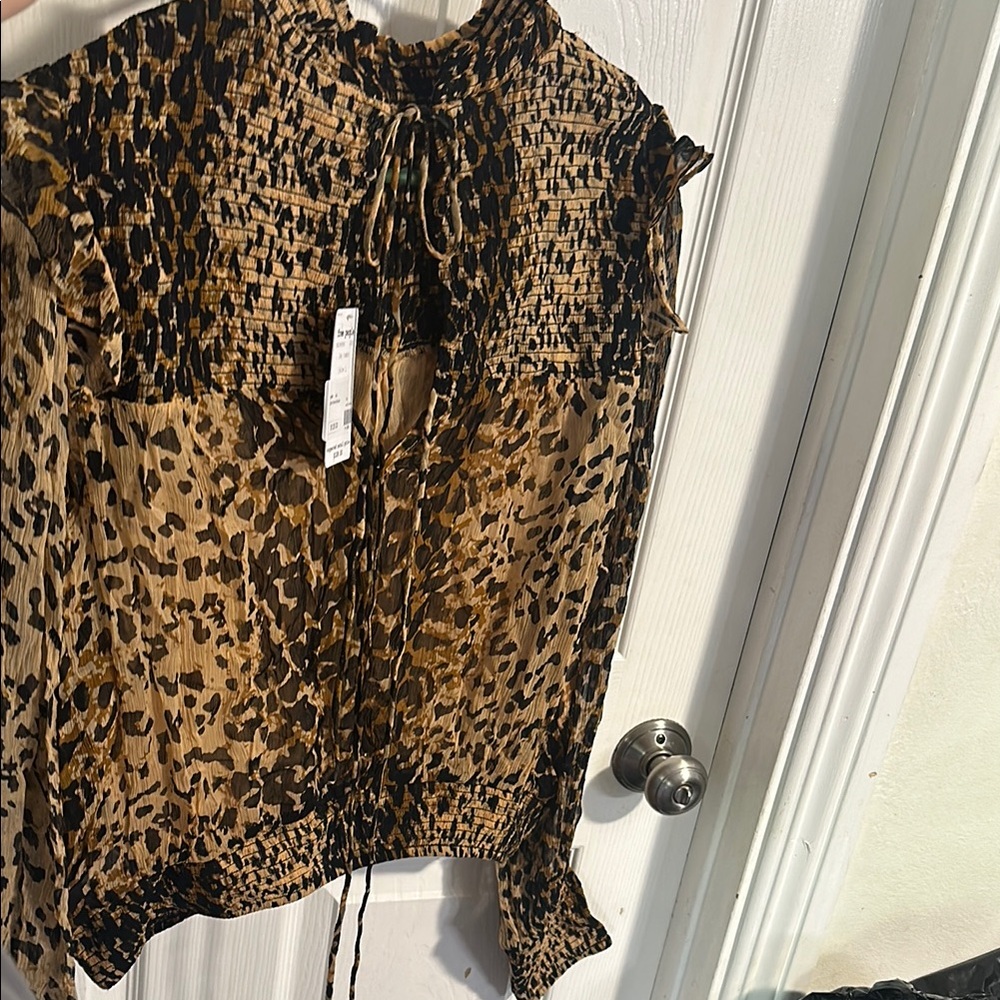 Free People Brown and Tan Ruffled Blouse with Tie Front